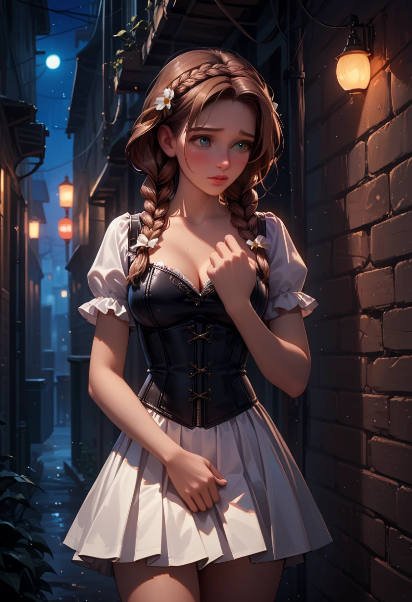 score_9, score_8_up, score_7_up, 1girl, solo, beautiful waifu, very sexy (Anna, brown hair, braided pigtails:1.3), wearing (sexy black_corset and tight white_skirt:1.5), shy, BREAK (night, dark:1.4), dark alley, shallow depth of field, vignette, bokeh, BREAK (Hand, detailed, perfect, perfection, hands:1.2), perfect hands, perfect proportions, simple background, (cowboy shot:1.2).