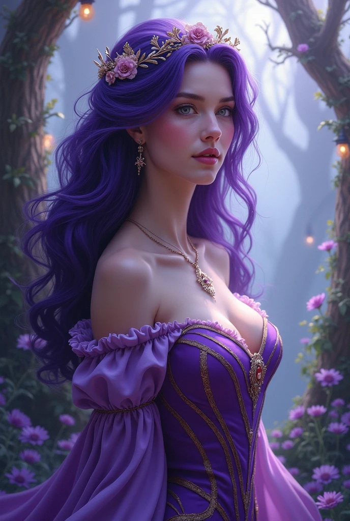 Young woman, Nineteen years old, Long purple braided hair, Big breasts,Thin waist, Big butt, Wearing a long purple dress,Wear a medieval European outfit , Sitting under a tree, Manga illustration 2.5D
