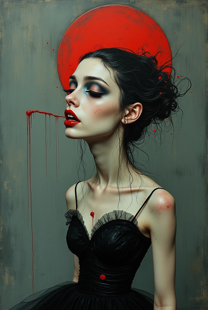 arafed woman in red dress with blood dripping down her face, michael hussar, in red paint, intricate and intense oil paint, pale woman covered with blood, covered in red slime, hyper real oil painting, hyper real acrylic painting, oil painting hyper real, inspired by Gottfried Helnwein, blood dripping down the head, sergey zabelin