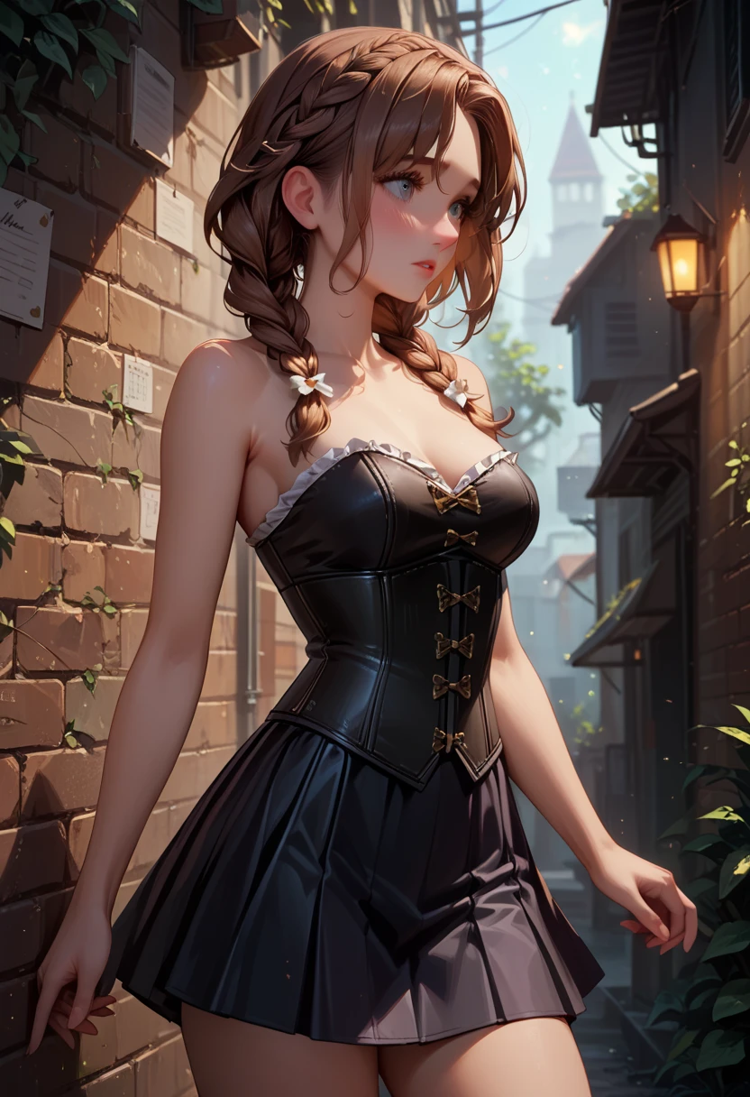 score_9, score_8_up, score_7_up, 1girl, solo, beautiful waifu, very sexy (Anna, brown hair, braided pigtails:1.3), wearing (sexy black_corset, bare arms, bare shoulders:1.5), (tight white_skirt:1.4), thighs, shy, BREAK (night, dark:1.4), dark alley, shallow depth of field, vignette, bokeh, BREAK (Hand, detailed, perfect, perfection, hands:1.2), perfect hands, perfect proportions, simple background, (cowboy shot:1.2).