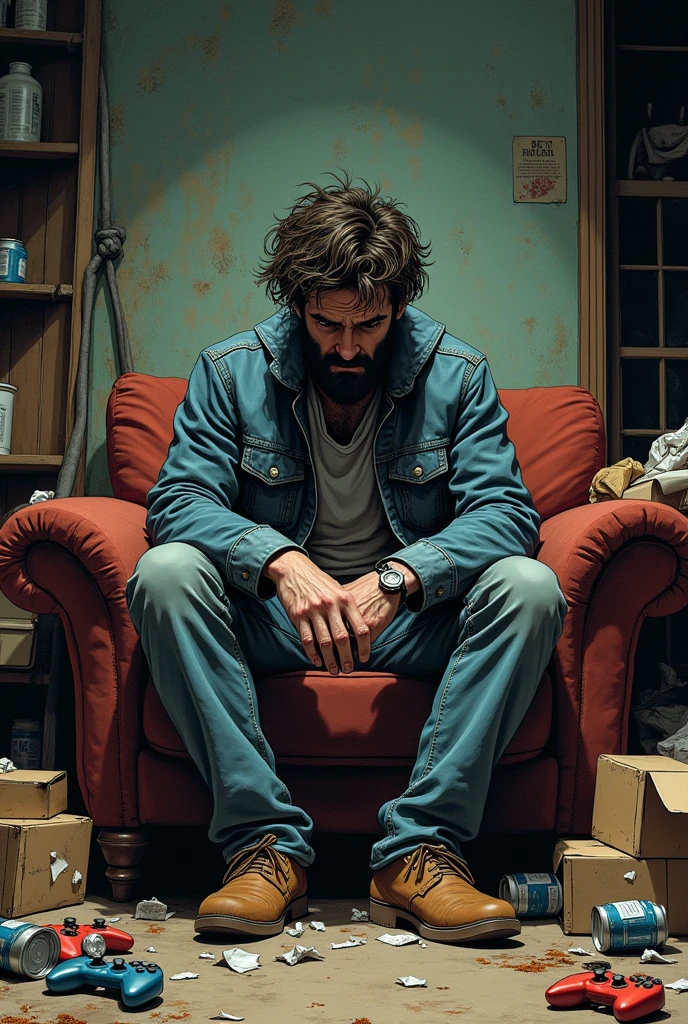 A white man with dark hair in his 30s, athletic build, sits drunk on a dirty couch with empty liquor bottles around a dirty apartment with newspaper reports of crimes thrown on the floor., modern american comic style