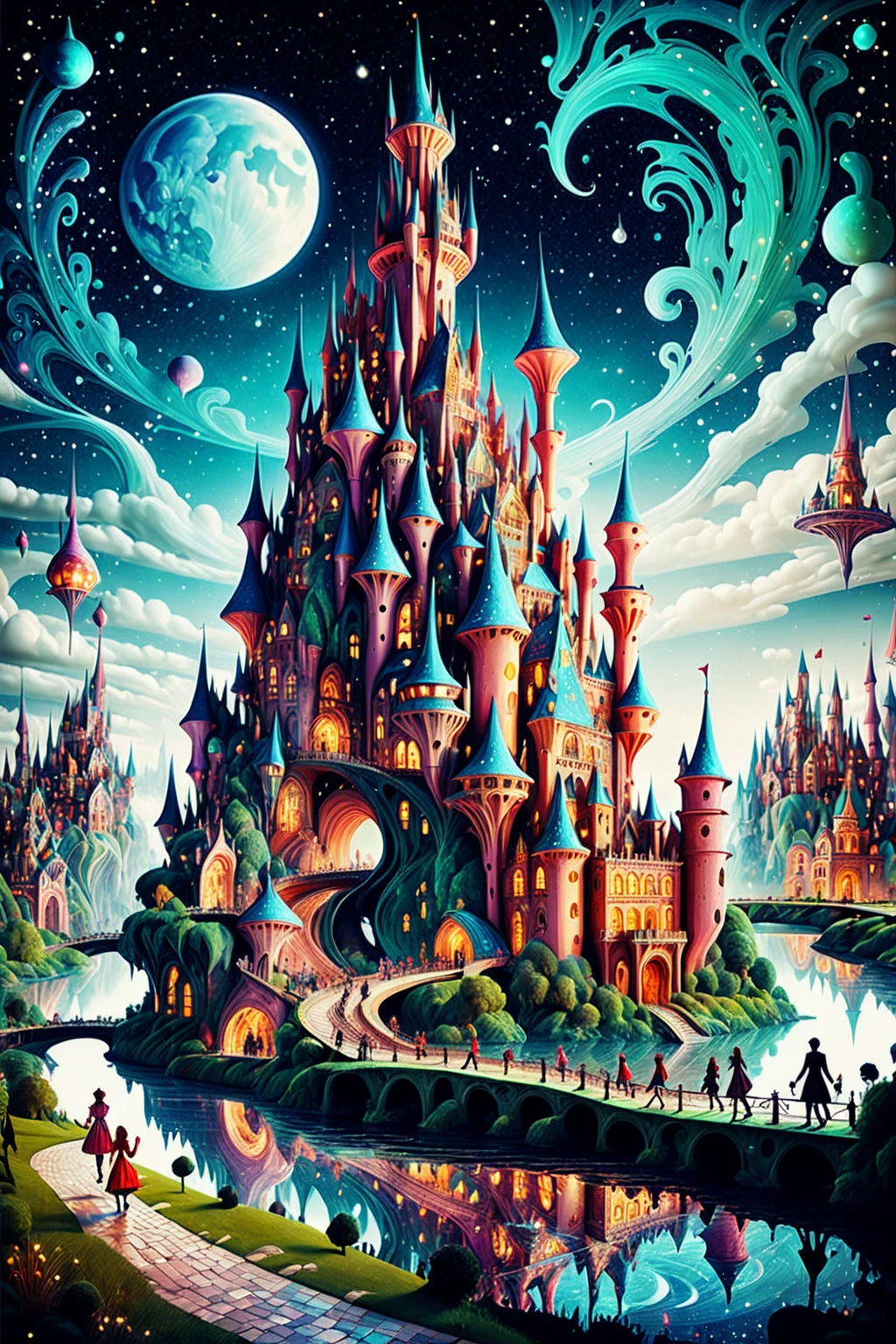 castle in wonderland, sci-fi city landscape with people, walking along the river, Fantastic starry sky 