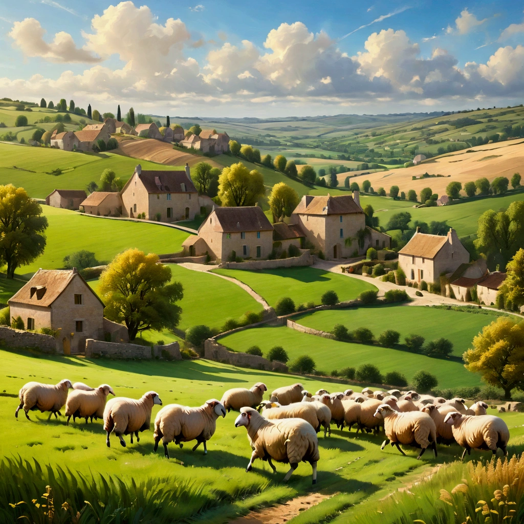 a medieval french pastoral landscape, shepherd herding sheep in a rolling countryside, lush green meadows, golden wheat fields, traditional stone cottages, cloudy sky with warm light, detailed foliage, picturesque countryside, vibrant colors, cinematic lighting, (best quality,8k,highres,masterpiece:1.2),ultra-detailed,(realistic,photorealistic,photo-realistic:1.37),landscape, cinematic composition, natural lighting