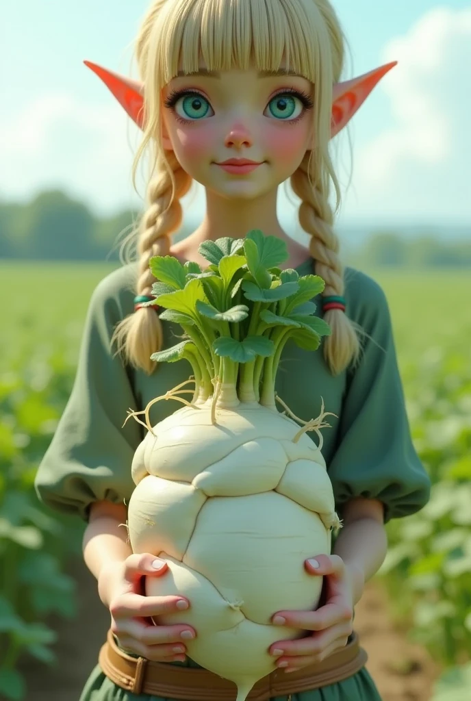 Super realistic illustration, Cinema 4D rendering, 1 lady, solo, blush smile, braided blonde hair, blunt bangs, Azure eyes. Pointy Ears, white apron with sleeves, green rubber boots, Harvesting daikon in a large field, holding a big Daikon, showing a big Daikon to the camera, ((the Daikon shaped like a woman's crotch or thigh, It becomes bifurcated from the center, the pointed tips are tangled and twisted, tip, Daikon leaves growing at the top, White Daikon texture, The white part and the leaf part show a natural connection typical of Daikon)), Pastoral Idyll