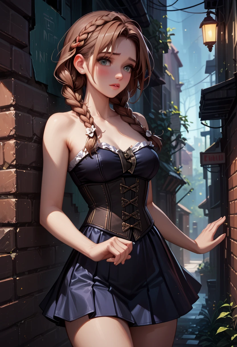 score_9, score_8_up, score_7_up, 1girl, solo, beautiful waifu, very sexy (Anna, brown hair, braided pigtails:1.3), wearing (sexy black_corset, bare arms, bare shoulders:1.5), (tight white_skirt:1.4), thighs, shy, BREAK (night, dark:1.6), dark alley, shallow depth of field, vignette, bokeh, BREAK (Hand, detailed, perfect, perfection, hands:1.2), perfect hands, perfect proportions, simple background, (cowboy shot:1.2).