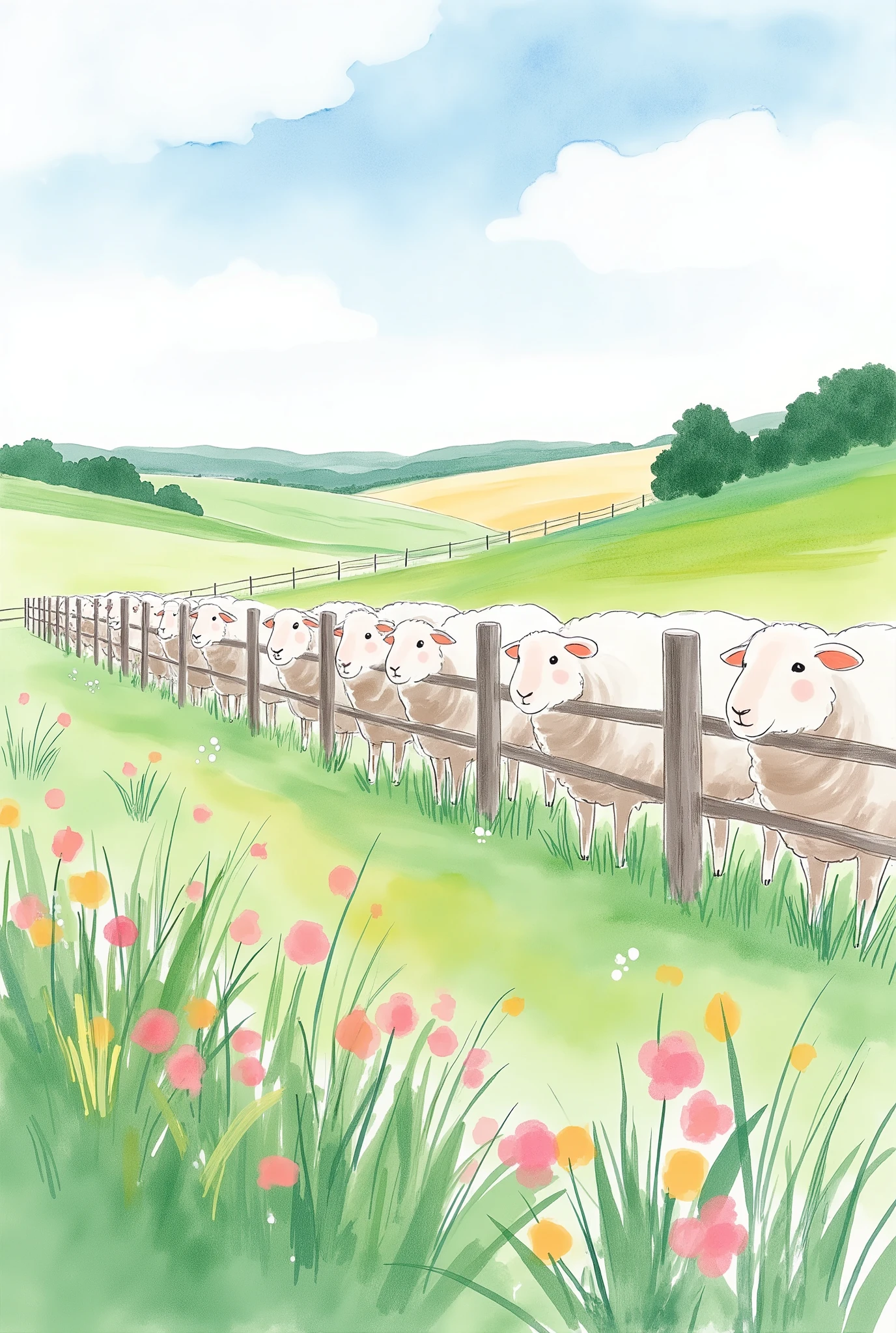 (masterpiece:1.2, best quality, ultra high resolution, Very detailed, best illustrations),8k,16k,wallpaper,Pastoral idyll,美しい gradient , vibrant colors,(Countless cute sheep lining up in a line and showing their faces out of the fence:2.0),(Sheep face up :2.0),(Ranch filled with sheep :2.0),( dynamic:2.0),Watercolor,Smear, gradient ,Blur, sputtering,Layering,Dry brush,wiping ,Soft-touch illustrations