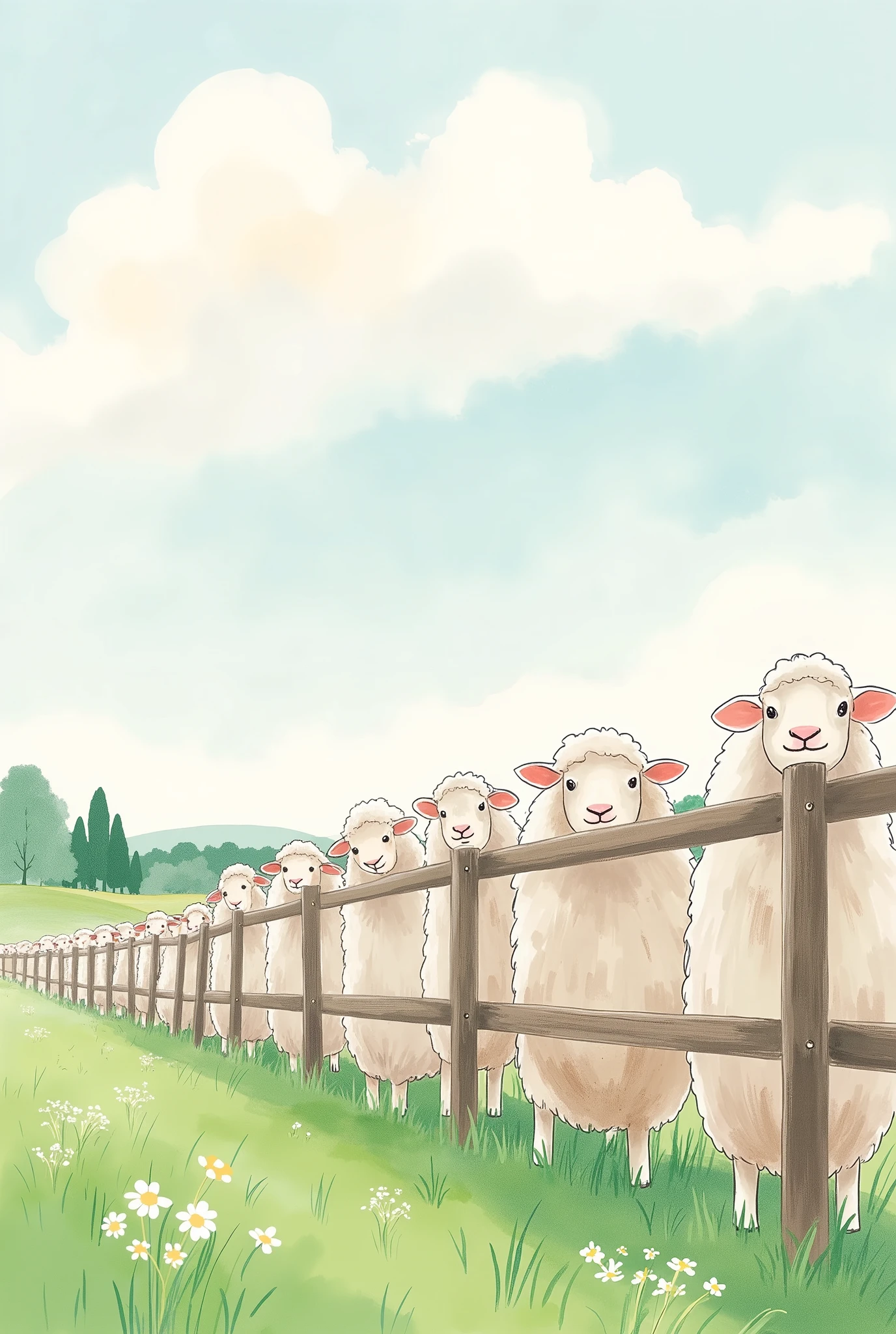 (masterpiece:1.2, best quality, ultra high resolution, Very detailed, best illustrations),8k,16k,wallpaper,Pastoral idyll,美しい gradient , vibrant colors,(Countless cute sheep lining up in a line and showing their faces out of the fence:2.0),(Sheep face up :2.0),(Ranch filled with sheep :2.0),( dynamic:2.0),Watercolor,Smear, gradient ,Blur, sputtering,Layering,Dry brush,wiping ,Soft-touch illustrations