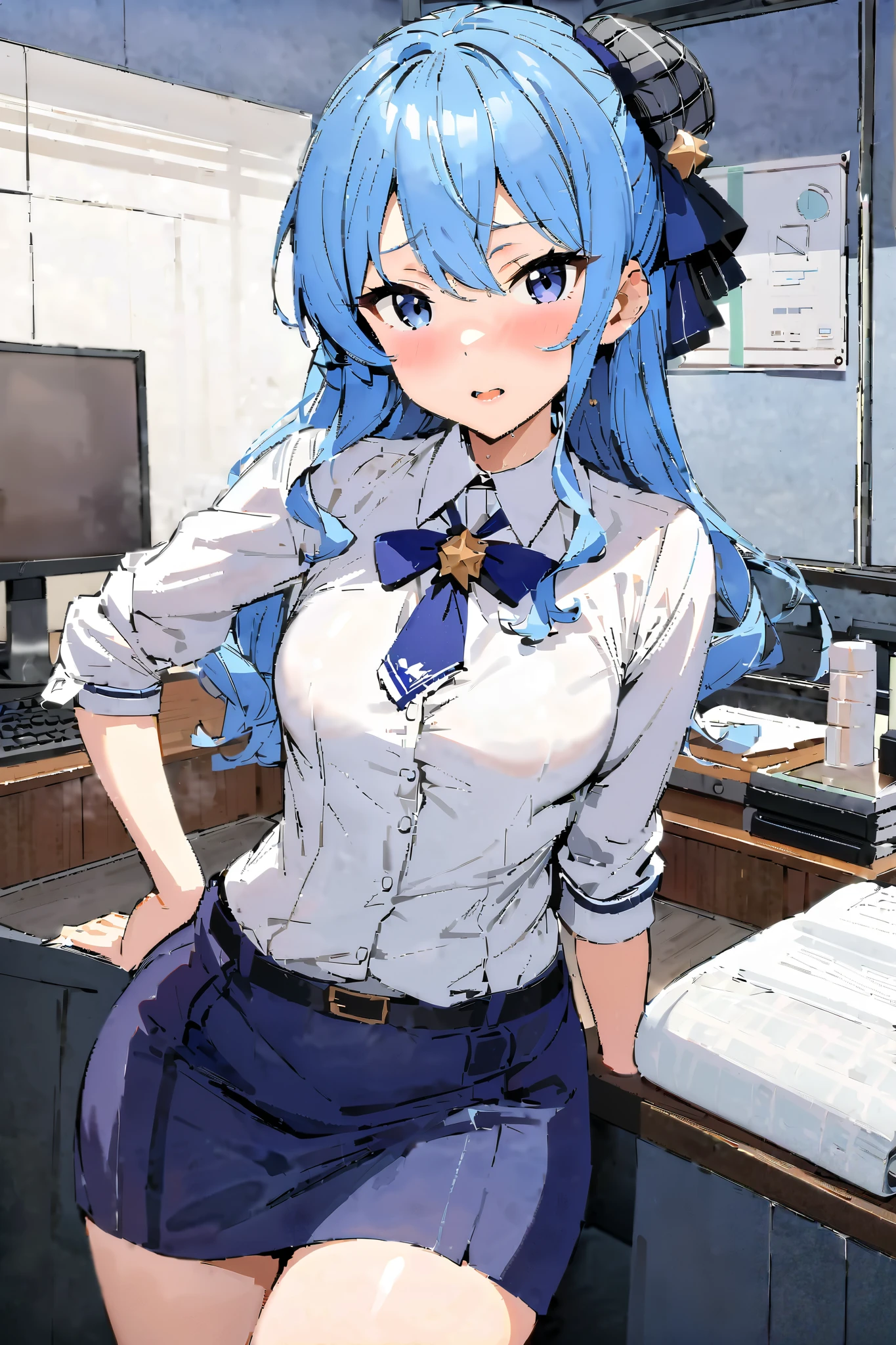 masterpiece, best quality, ultra-detailed, illustration, colorful, flat color, depth of field, 1girl, sona buvelle, anime, standing, blue hair, twintails, blue eyes, looking at viewer, at office, white shirt, blue tie, blue skirt, pencil skirt, thighhighs, garter straps, skindentation, detailed skin texture, detailed cloth texture, beautiful detailed face, seductive smile,  large breasts