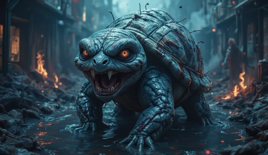 ((masterpiece)) ((photography)) ((Highest quality)) An ultra-detailed, hyper-realistic 3D illustration of Squirtle transformed into a horrifying vampire-zombie hybrid. Its shell is cracked and covered with deep claw marks, while its blue skin is pallid and decayed. Its eyes glow ominously, and sharp fangs jut from its mouth as it snarls. Dark water flows from its body, pooling at its feet in the chaotic, broken streets of an apocalyptic city. The atmosphere is filled with eerie fog, flickering fires, and ghostly figures. UHD, HDR, 128K resolution, cinematic lighting with sinister shadows.