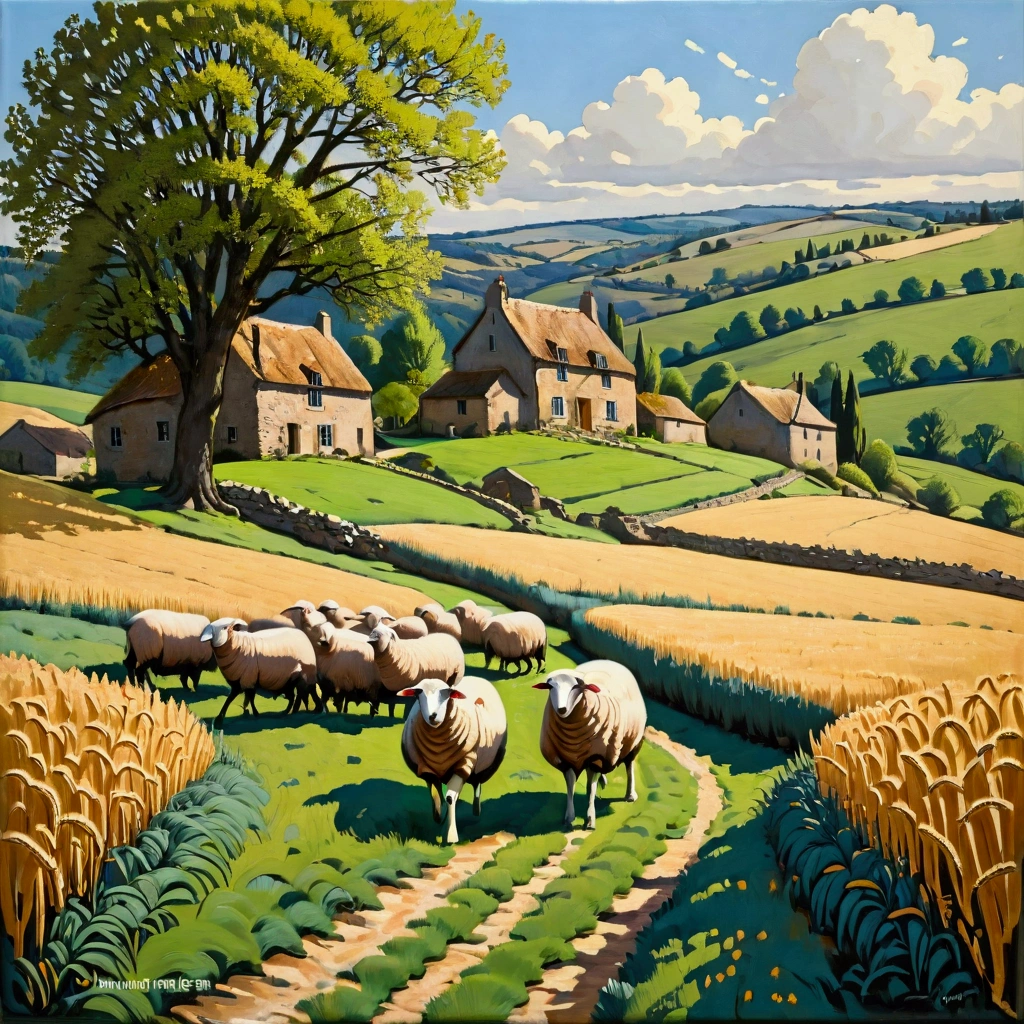  rural medieval French landscape ， shepherds herding sheep in the rolling countryside， lush green meadows ，Golden wheat fields，Traditional stone house ， Highly detailed foliage ， Picturesque Countryside ，painting，Natural Lighting， Pastel Palette ，Film composition， imeon Solomon style ，Inspired by：Neil Welliver