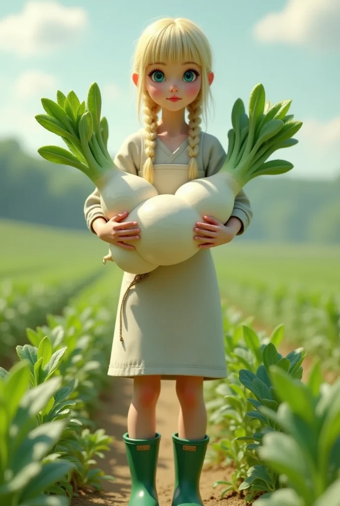 Super realistic illustration, Cinema 4D rendering, 1 lady, solo, blush smile, braided blonde hair, blunt bangs, Azure eyes. white apron with sleeves, green rubber boots, Harvesting daikon in a large field, holding a big Daikon, showing a big Daikon to the camera, ((the Daikon shaped like a woman's crotch or thigh, It becomes bifurcated from the center, the pointed tips are tangled and twisted, tip, Daikon leaves growing at the top, White Daikon texture, The white part and the leaf part show a natural connection typical of Daikon)), Pastoral Idyll