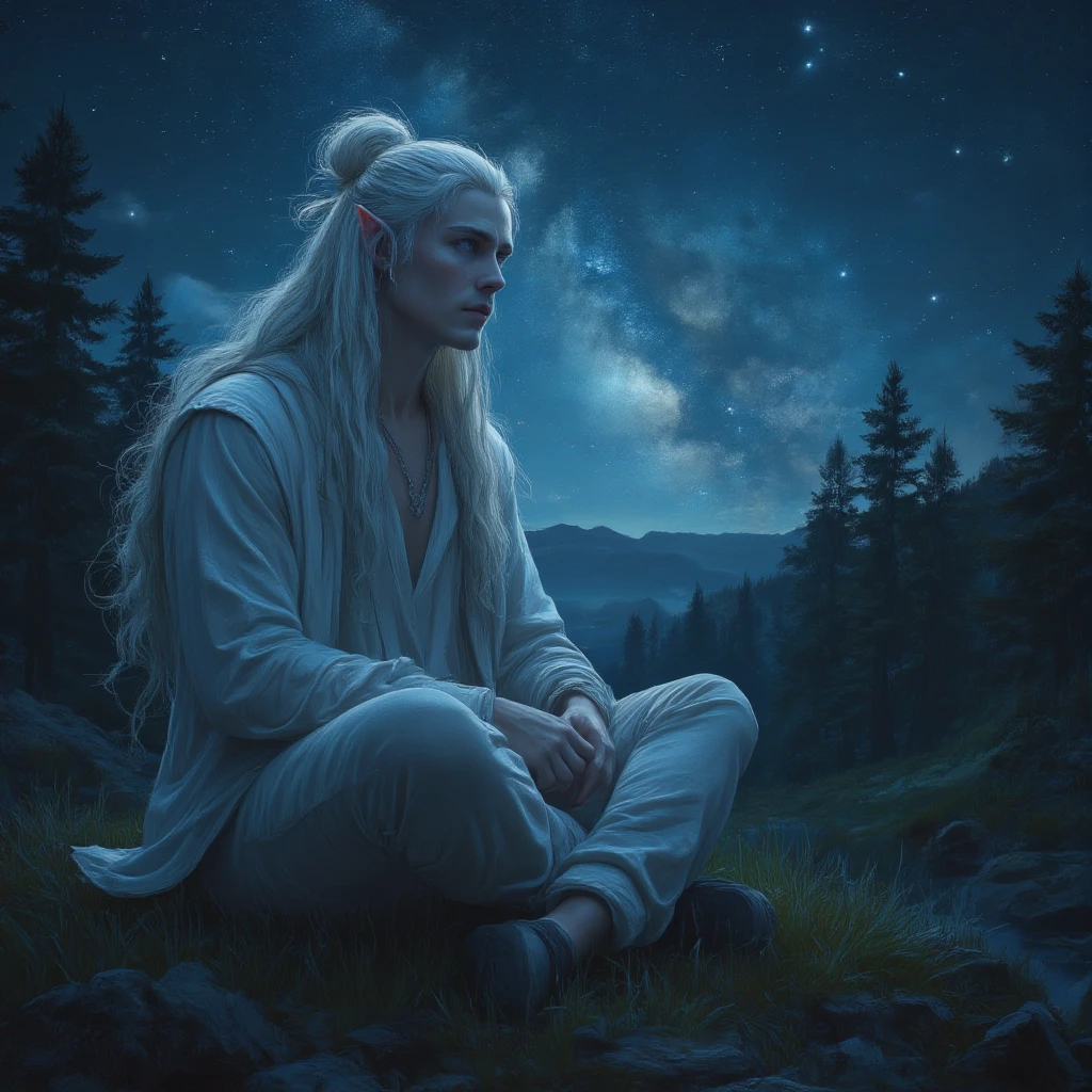 A photograph of a beautiful man with very long white hair, pointed elf ears, and natural blue eyes, no facial hair. His hair is pulled back into a mess manbun. He wears a long-sleeved v-neck shirt and simple pants. He wears a silver necklace. He is sitting on a grassy knoll with a dense forest behind him, he is looking up at a beautiful starry night sky showing the Milky Way, masterpiece, highly-detailed, high-definition, 8k.