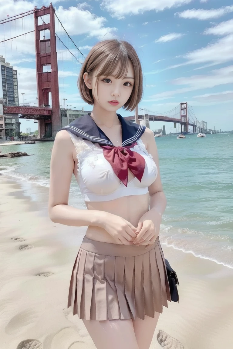  sailor suit 、White summer clothes、The collar is black 、 white three lines 、 sailor suit の丈は短い、 the red scarf is short、 pleated skirt、 the pleats are narrow 、 black skirt、 length short skirt 、 miniskirt、Beautiful breasts、Big Breasts、Busty、超Big Breasts、Small waist、 long foot、
