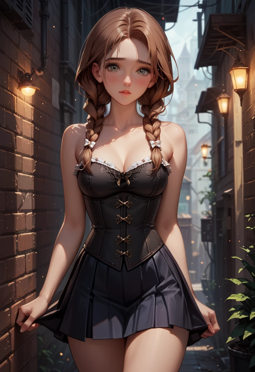 score_9, score_8_up, score_7_up, 1girl, solo, beautiful waifu, very sexy (Anna, brown hair, braided pigtails:1.3), wearing (sexy black_corset, bare arms, bare shoulders:1.4), (tight white_skirt:1.3), thighs, shy, BREAK (night, dark:1.4), dark alley, shallow depth of field, vignette, bokeh, BREAK (Hand, detailed, perfect, perfection, hands:1.2), perfect hands, perfect proportions, simple background, (cowboy shot:1.2).