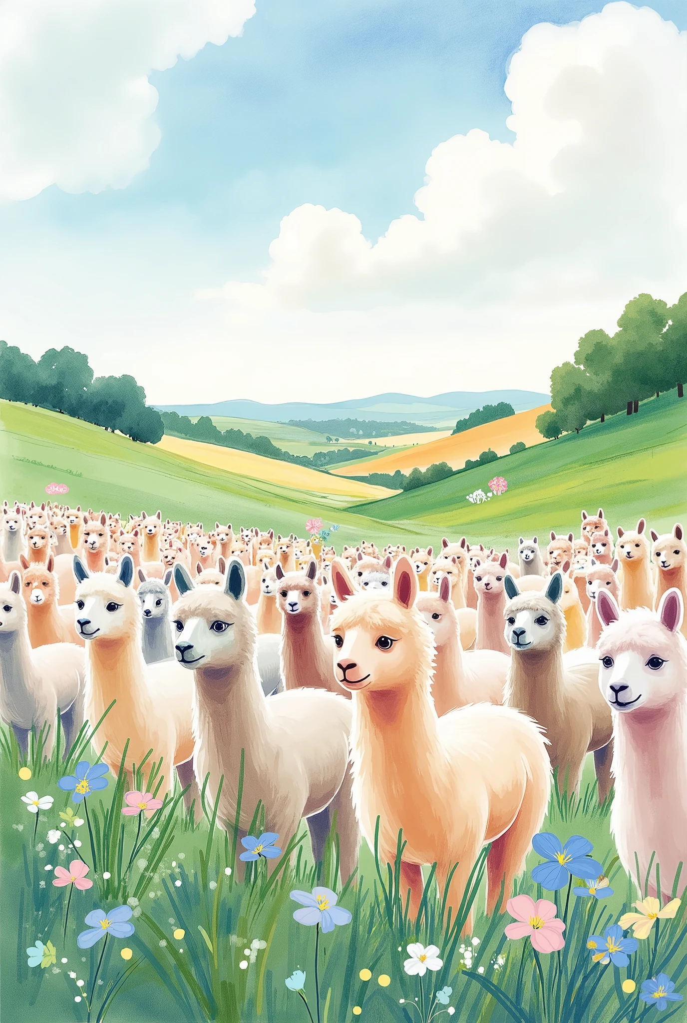 (masterpiece:1.2, best quality, ultra high resolution, Very detailed, best illustrations),8k,16k,wallpaper,Pastoral idyll,美しい gradient , vibrant colors,( Countless cute alpacas line up and face out of the fence:2.0),(Alpaca face up :2.0),( Ranch filled with alpacas :2.0),( dynamic:2.0),Watercolor,Smear, gradient ,Blur, sputtering,Layering,Dry brush,wiping , Soft-touch illustration 