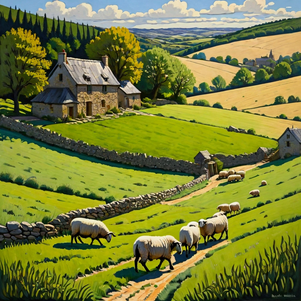  rural medieval French landscape ， shepherds herding sheep in the rolling countryside， lush green meadows ，Golden wheat fields，Traditional stone house ， Highly detailed foliage ， Picturesque Countryside ，painting，Natural Lighting， Pastel Palette ，Film composition， imeon Solomon style ，Inspired by：Neil Welliver