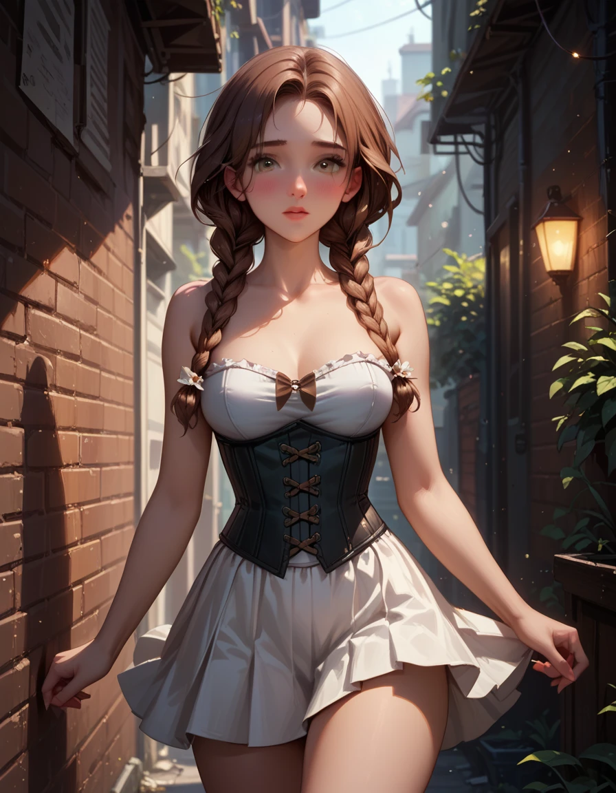 score_9, score_8_up, score_7_up, 1girl, solo, beautiful waifu, very sexy (Anna, brown hair, braided pigtails:1.3), wearing (sexy black_corset, bare arms, bare shoulders:1.4), (tight white_skirt:1.3), thighs, shy, BREAK (night, dark:1.4), dark alley, shallow depth of field, vignette, bokeh, BREAK (Hand, detailed, perfect, perfection, hands:1.2), perfect hands, perfect proportions, simple background, (cowboy shot:1.2).