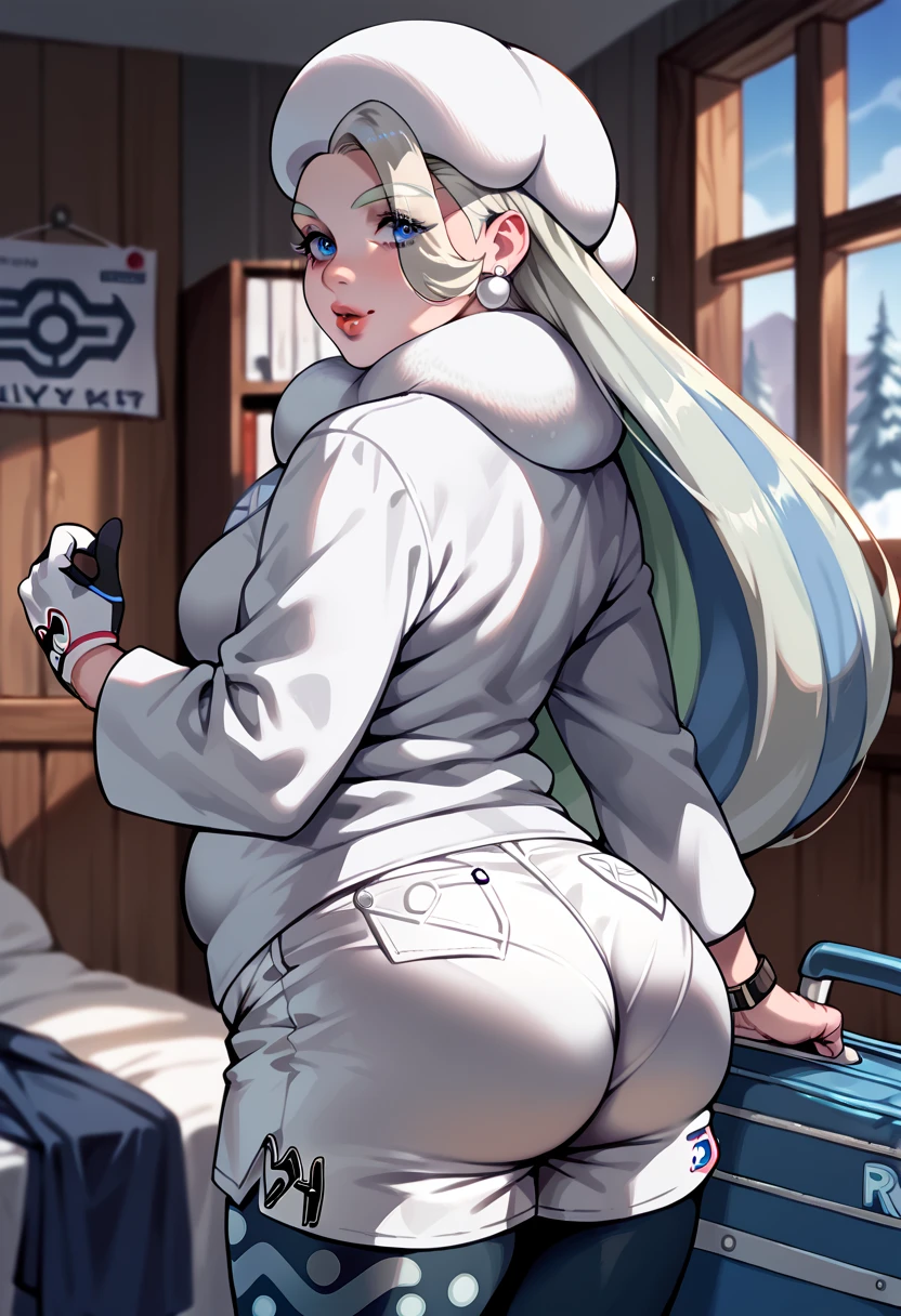 Illustration, realistic proportions, pokemonmelony, blue eyes, eyelashes, long hair, multicolored hair, streaked hair, grey hair, earrings, hat, jewelry, long sleeves, pantyhose under shorts, scarf, white shorts, single glove, sweater, white headwear, white scarf, white sweater, overweight, ass focus, putting luggage on bed, cabin in winter