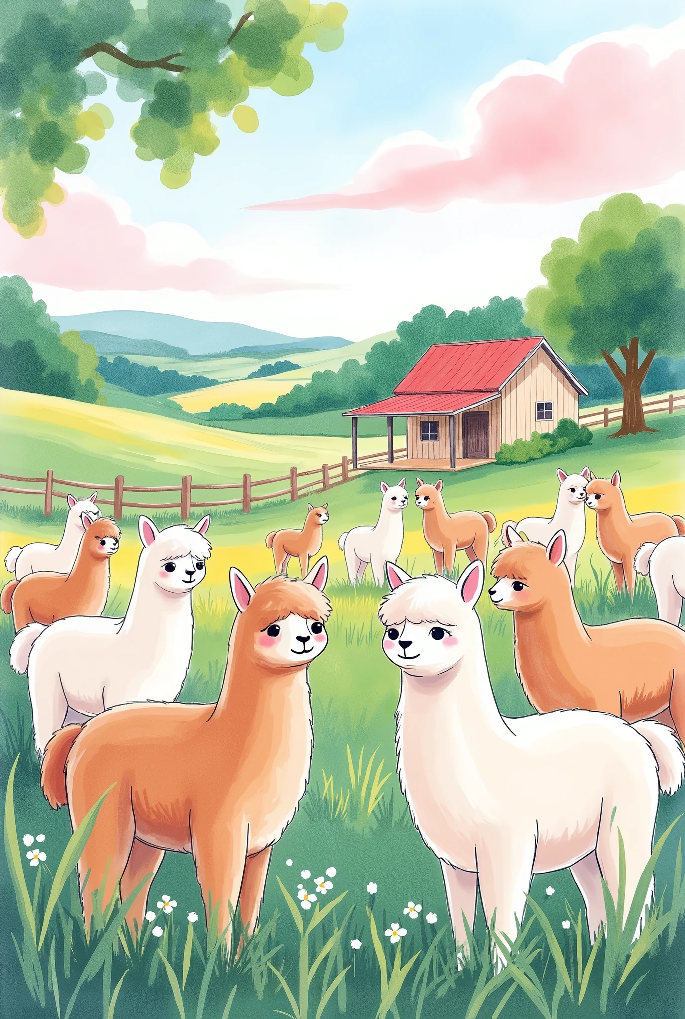 (masterpiece:1.2, best quality, ultra high resolution, Very detailed, best illustrations),8k,16k,wallpaper,Pastoral idyll,美しい gradient , vibrant colors,( Countless cute alpacas line up and face out of the fence:2.0),(Alpaca face up :2.0),( Ranch filled with alpacas :2.0),( dynamic:2.0),Watercolor,Smear, gradient ,Blur, sputtering,Layering,Dry brush,wiping , Soft-touch illustration 