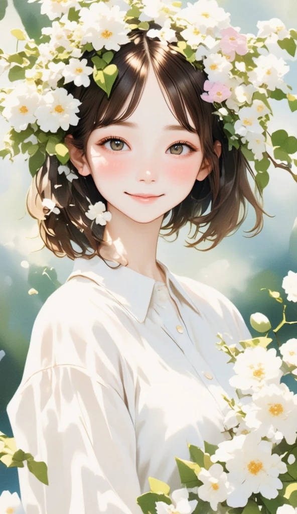 (masterpiece、 best quality、 best quality、 beautiful and beautiful :1.2)、(Good anatomy:1.5)、watercolor, watercolor, watercolor風, watercolorの詳細なアート, watercolor digital painting, watercolor paints, drawing of a girl with straight short hair adorning her head with flowers and leaves、 white blouse 、 has a smiling face 、 looking at the camera、頭に花と葉を飾る、Nemophila