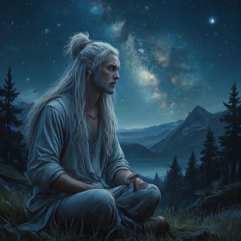 A photograph of a beautiful man with very long white hair, pointed elf ears, and natural blue eyes, no facial hair. His hair is pulled back into a mess manbun. He wears a long-sleeved v-neck shirt and simple pants. He wears a silver necklace. He is sitting on a grassy knoll with a dense forest behind him, he is looking up at a beautiful starry night sky showing the Milky Way, masterpiece, highly-detailed, high-definition, 8k.