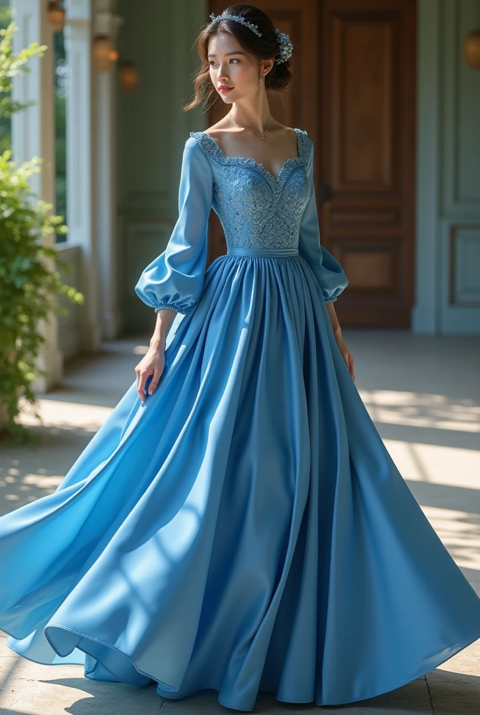 create a dress one blue neck, the heart-shaped neckline, with stones in the area, the torso and a little bit of the skirt, I had a slit where my leg was visible with transparencies in the sleeves.
