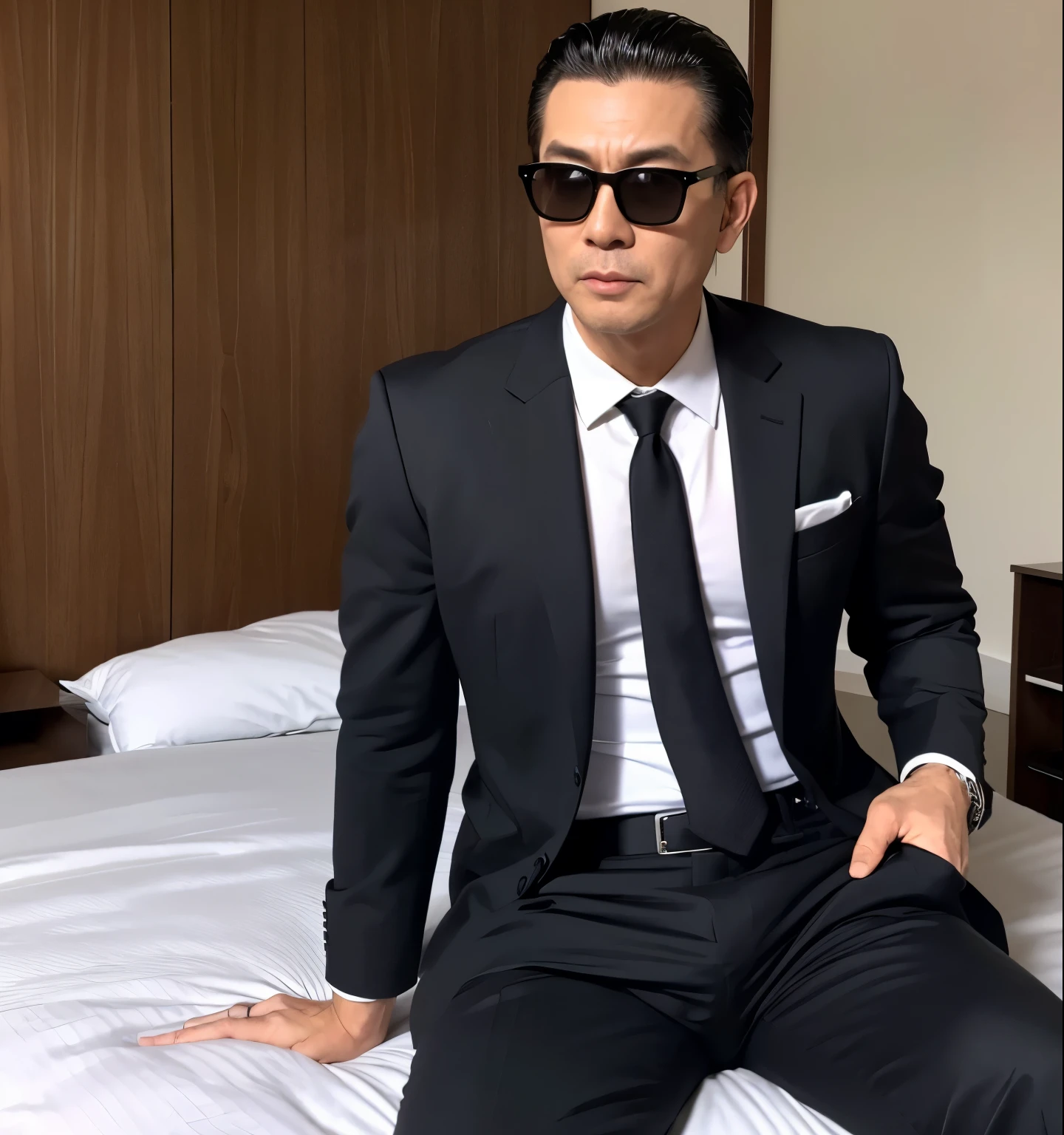 50 years old,One Man,Grey suit,mafia、Bedroom,legs wide open,Boss sitting、The crotch area of the pants is bulging,logic,Gay ,Very short slicked back hair,Stubble,Asian Faces,Handsome Dad,Black sunglasses。chest hair。Scream。