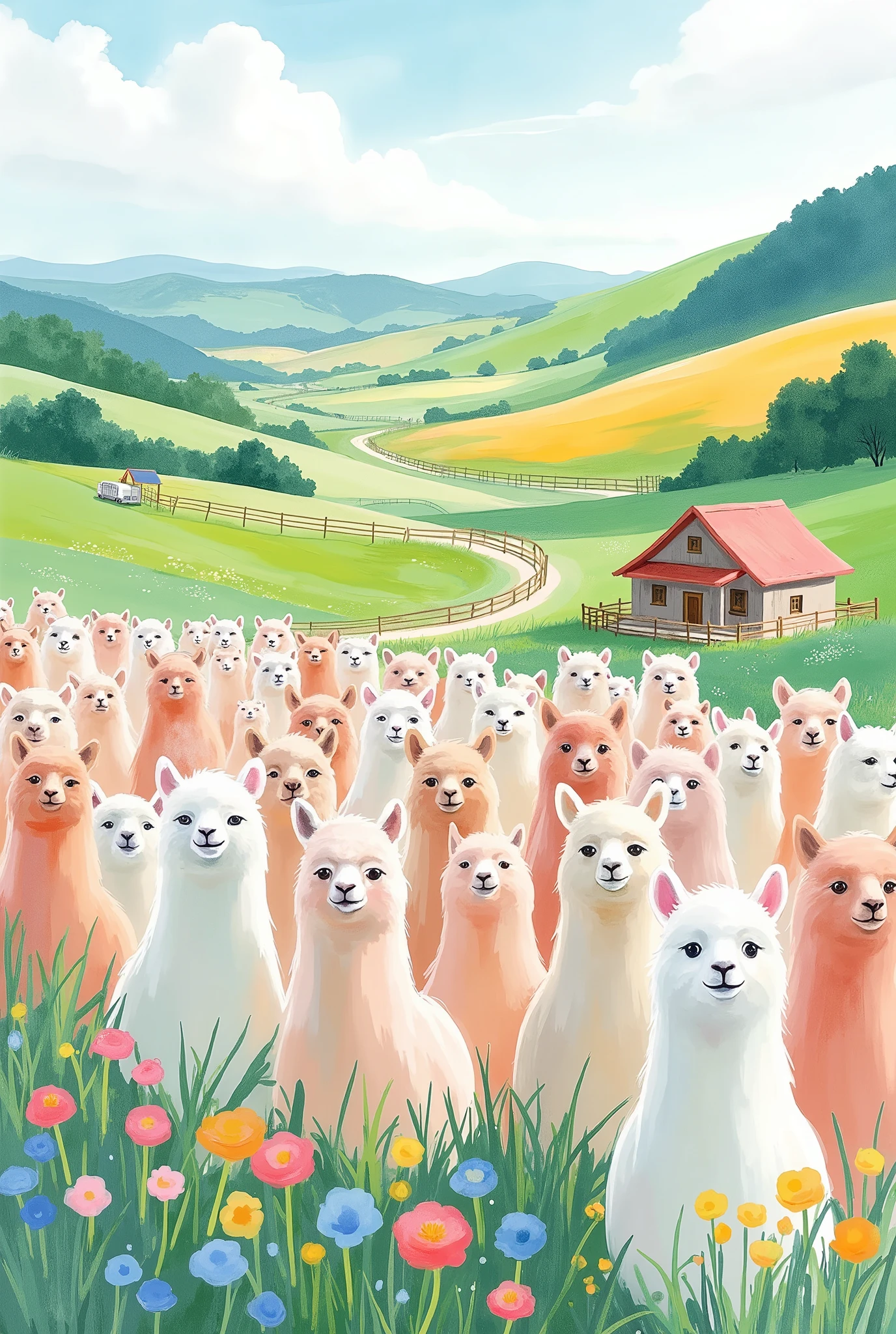 (masterpiece:1.2, best quality, ultra high resolution, Very detailed, best illustrations),8k,16k,wallpaper,Pastoral idyll,美しい gradient , vibrant colors,( Countless cute alpacas line up and face out of the fence:2.0),(Alpaca face up :2.0),( Ranch filled with alpacas :2.0),( dynamic:2.0),Watercolor,Smear, gradient ,Blur, sputtering,Layering,Dry brush,wiping , Soft-touch illustration 