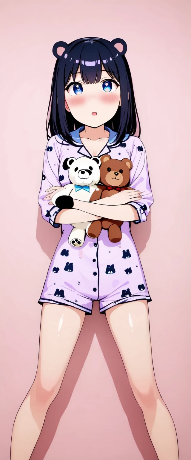 (  highest quality  ),( ), 8k,  very detailed  , detailed light, best shade,   detailed reflective eyes  ,   very detailed  な顔,shiny hair,(1 :1.2),woman,gland,  black hair  ,  embarrassing  ,Blush,pretty fingers,beautiful hands,all-body,blue eyes,(  medium length hair :1.2),fine tune,spot under the eye ,pajamas,( polar bear teddy bear :1.2),(Big teddy bear:1.2),Hug a stuffed animal ,(Watery eyes 1.2), in sexy sleepwear (very sexy pajamas