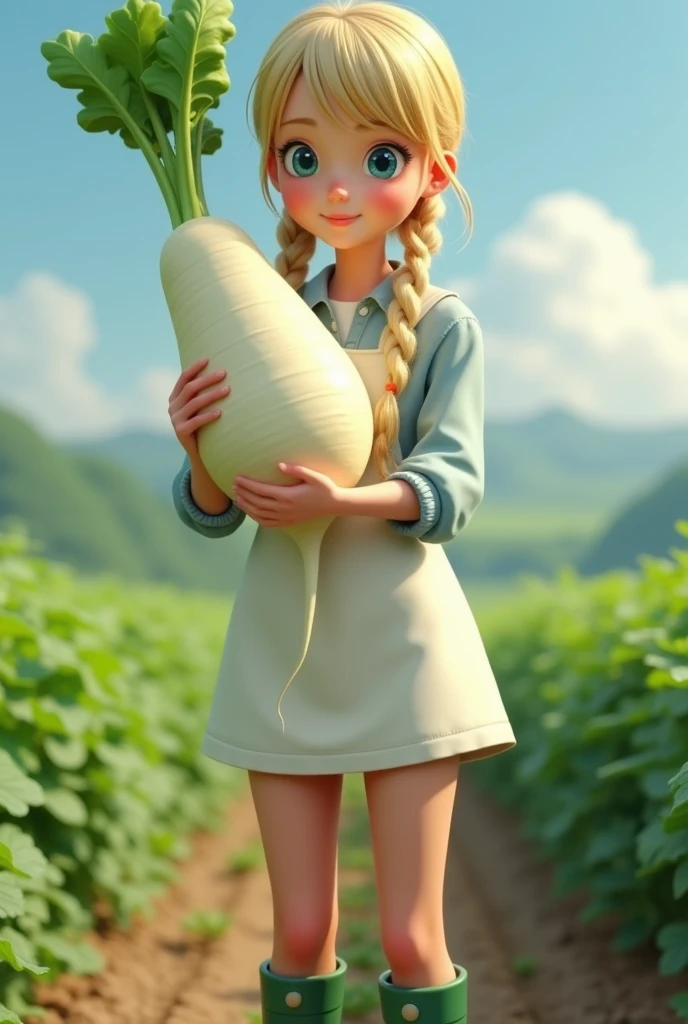 Super realistic illustration, Cinema 4D rendering, 1 lady, solo, blush smile, braided blonde hair, blunt bangs, Azure eyes. white apron with sleeves, green rubber boots, Harvesting daikon in a large field, holding a big Daikon, showing a big Daikon to the camera, (The Daikon with green leaves, shaped to resemble a lady's groin and thighs, Daikon skin texture), Pastoral Idyll