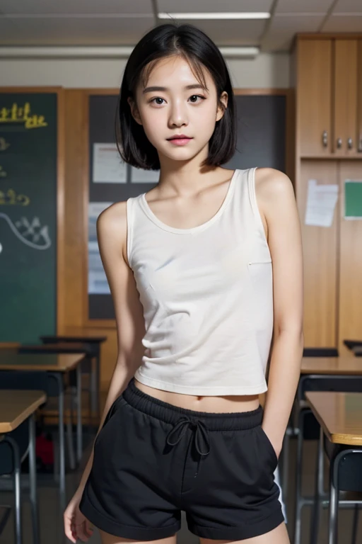 Warning when viewing,Orientate,ultra high resolution,1 person,whole body,black hair, Problematic expression,looks straight into the camera,Beautiful and refined face,thin and beautiful skin,skin texture,High school students,Sporting goods,,shorts,Class after school,rack,[short hair,Very good,