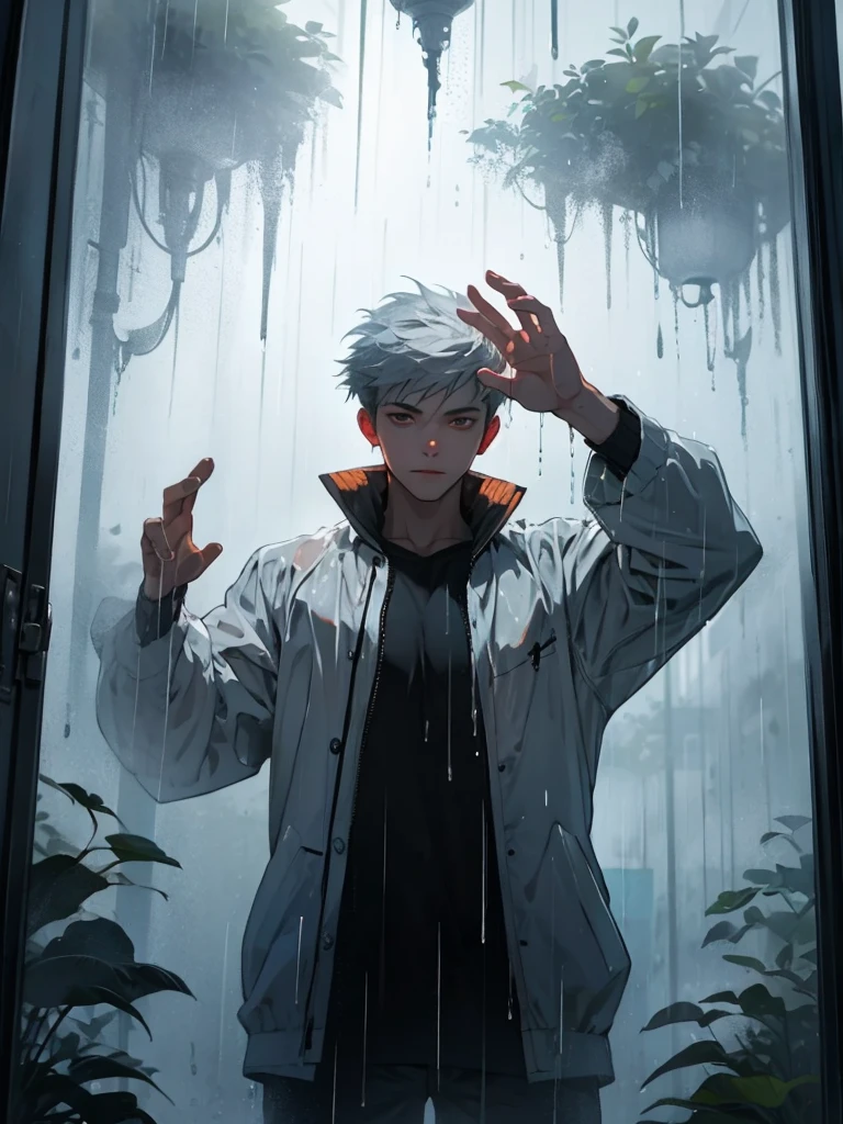 1boys, Place your hand on the glass, Window fog, drippy, rain,, Masterpiece, Best quality, Highly detailed