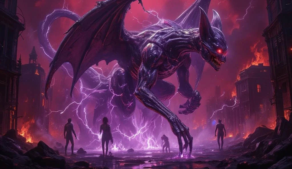 ((masterpiece)) ((photography)) ((Highest quality)) An ultra-detailed, hyper-realistic 3D illustration of Mewtwo as a sinister, zombie-like vampire overlord. Its sleek body is scarred and torn, with exposed veins glowing a faint, eerie purple. Its psychic aura radiates dark energy, forming twisted shadows that swirl around it. Its glowing red eyes and jagged fangs give it a terrifying presence as it hovers over a crumbling city square, surrounded by ghostly figures and crackling energy. The apocalyptic atmosphere is enhanced by burning buildings, eerie fog, and an ominous blood-red sky. UHD, HDR, 128K, cinematic lighting for a nightmarish effect.