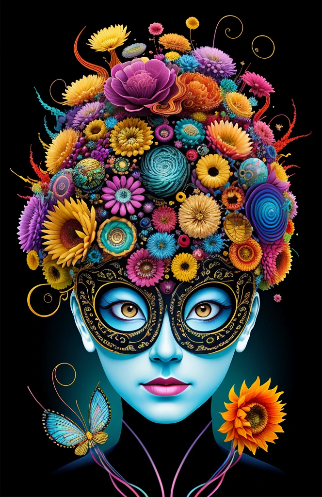 3D mask with various ordinary objects on it,blonde hair with pointed ends,texture, intricate, ornate, shadow, soft colors, 3D, mask, very detailed, decorative style, Tim Burton, Salvador Dali, Xiaolong Cheng, Cyril Rolando, inspired by J. D. Lariat, 3D stereoscopic，pop color style, Photo photo portrait surrounded by orbiting planetary satellites, blonde spiky hair, make me jealous, Mark Leyden, Alberto Seveso, brook shade, Anna Dietman, Flora Borcy, 8k resolution, perfect composition, Milky Way, rainbow colors, flying insects, scales, wing, blue, texture, complicated, Gorgeous, shadow, pastel colors,mask， 3d, Very detailed, Deco, tim burton, Dale Chihuly, Xiaolongcheng, Cyril Rolando, by J. Jitter，flowers，My head is empty，artwork，display stand，sculpture，crafts，artwork，