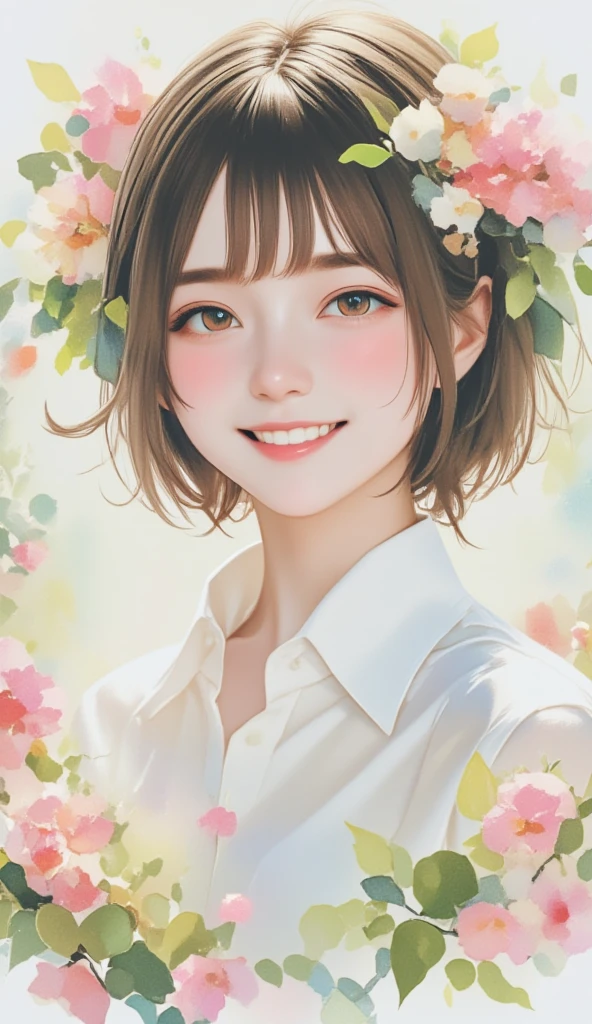 (masterpiece、 best quality、 best quality、 beautiful and beautiful :1.2)、(Good anatomy:1.5)、watercolor, watercolor, watercolor風, watercolorの詳細なアート, watercolor digital painting, watercolor paints, drawing of a girl with straight short hair adorning her head with flowers and leaves、 white blouse 、 has a smiling face 、 looking at the camera、頭に花と葉を飾る、Nemophila