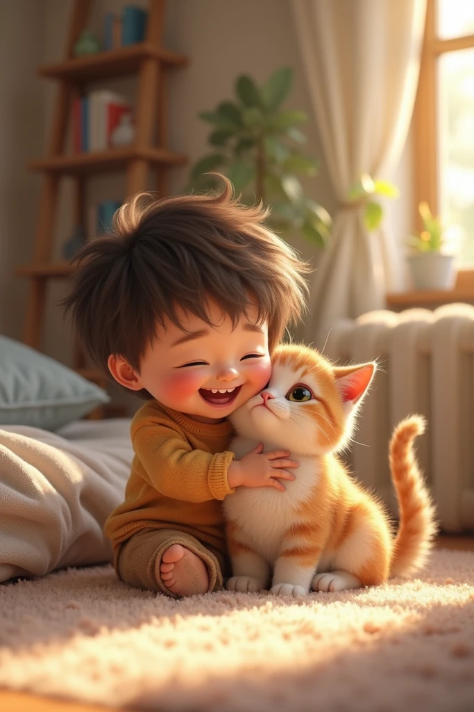 A very happy cat hugging a kid smaller than him really tight