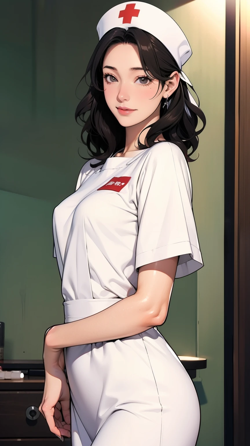 White nurse uniform, White nurse hat, Nurses room background , Sayuri,  anime cell style ,  best quality,  high definition ,  1 girl, very small breasts,  Facial beauty,  black hair,  wavy hair,  short hair ,  dark eyes,  COWBOY SHOOTING , smile,  blanking