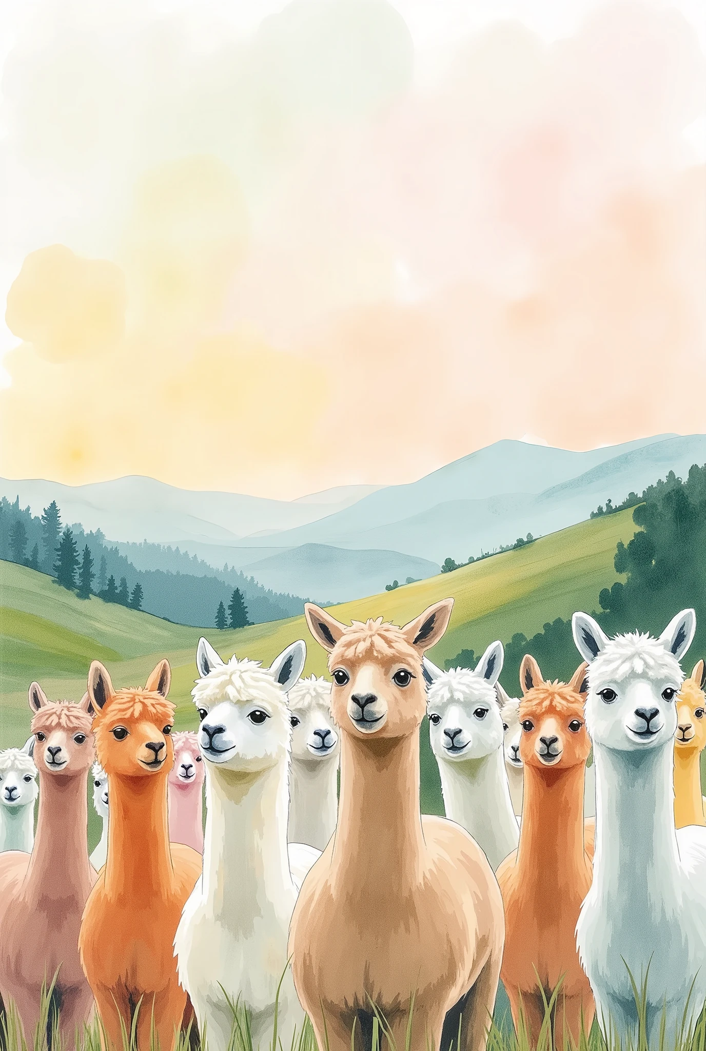 (masterpiece:1.2, best quality, ultra high resolution, Very detailed, best illustrations),8k,16k,wallpaper,Pastoral idyll,美しい gradient , vibrant colors,( Countless cute alpacas line up and face out of the fence:2.0),(Alpaca face up :2.0),(South American ranch filled with alpacas:2.0),( dynamic:2.0),Watercolor,Smear, gradient ,Blur, sputtering,Layering,Dry brush,wiping , Soft-touch illustration 