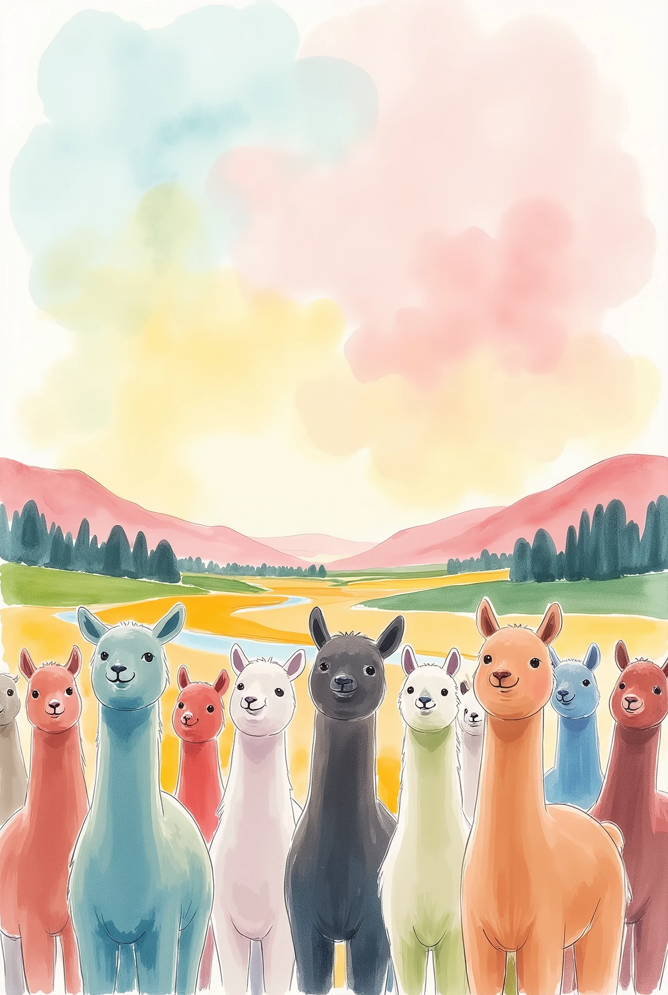 (masterpiece:1.2, best quality, ultra high resolution, Very detailed, best illustrations),8k,16k,wallpaper,Pastoral idyll,美しい gradient , vibrant colors,( Countless cute alpacas line up and face out of the fence:2.0),(Alpaca face up :2.0),(South American ranch filled with alpacas:2.0),( dynamic:2.0),Watercolor,Smear, gradient ,Blur, sputtering,Layering,Dry brush,wiping , Soft-touch illustration 