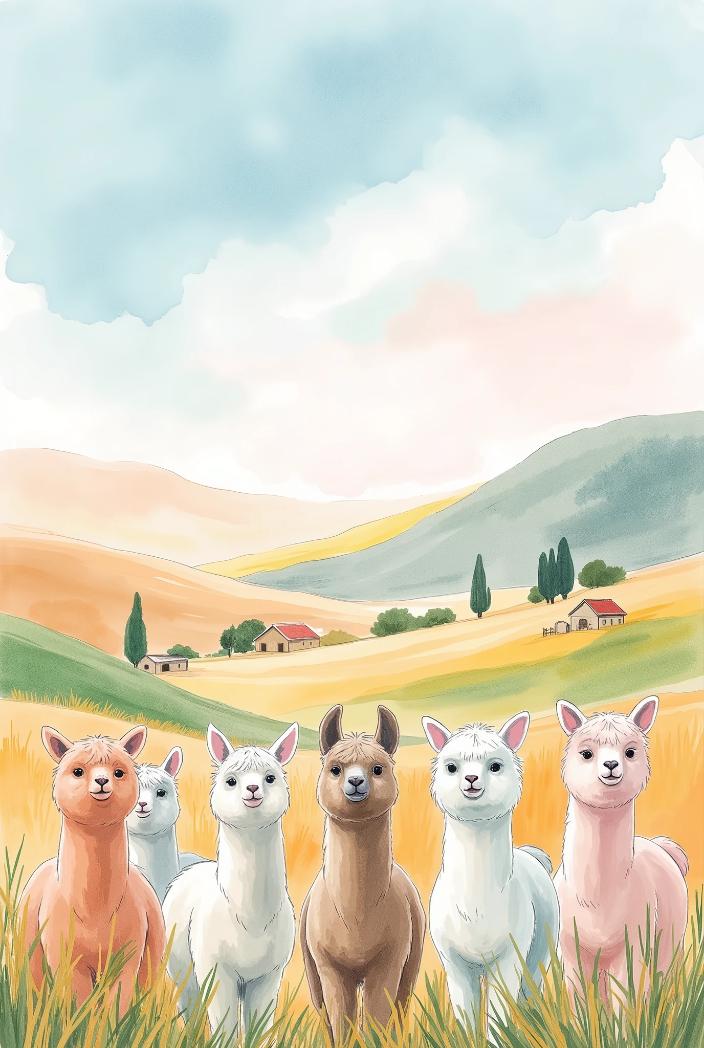 (masterpiece:1.2, best quality, ultra high resolution, Very detailed, best illustrations),8k,16k,wallpaper,Pastoral idyll,美しい gradient , vibrant colors,( Countless cute alpacas line up and face out of the fence:2.0),(Alpaca face up :2.0),(South American ranch filled with alpacas:2.0),( dynamic:2.0),Watercolor,Smear, gradient ,Blur, sputtering,Layering,Dry brush,wiping , Soft-touch illustration 