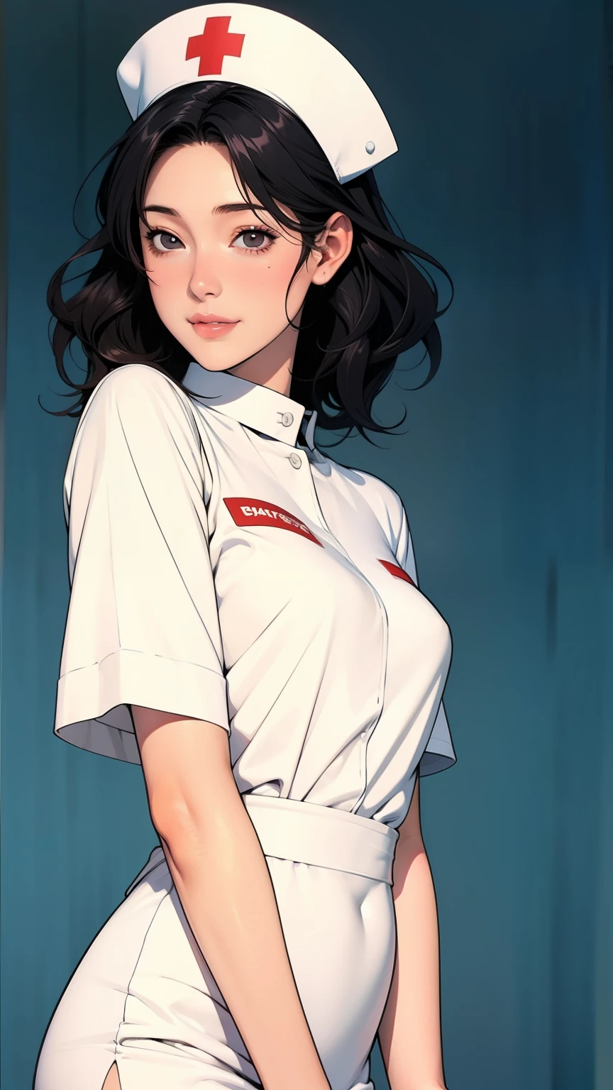 White nurse uniform, White nurse hat, Nurses room background , Sayuri,  anime cell style ,  best quality,  high definition ,  1 girl, very small breasts,  Facial beauty,  black hair,  wavy hair,  short hair ,  dark eyes,  COWBOY SHOOTING , smile,  blanking