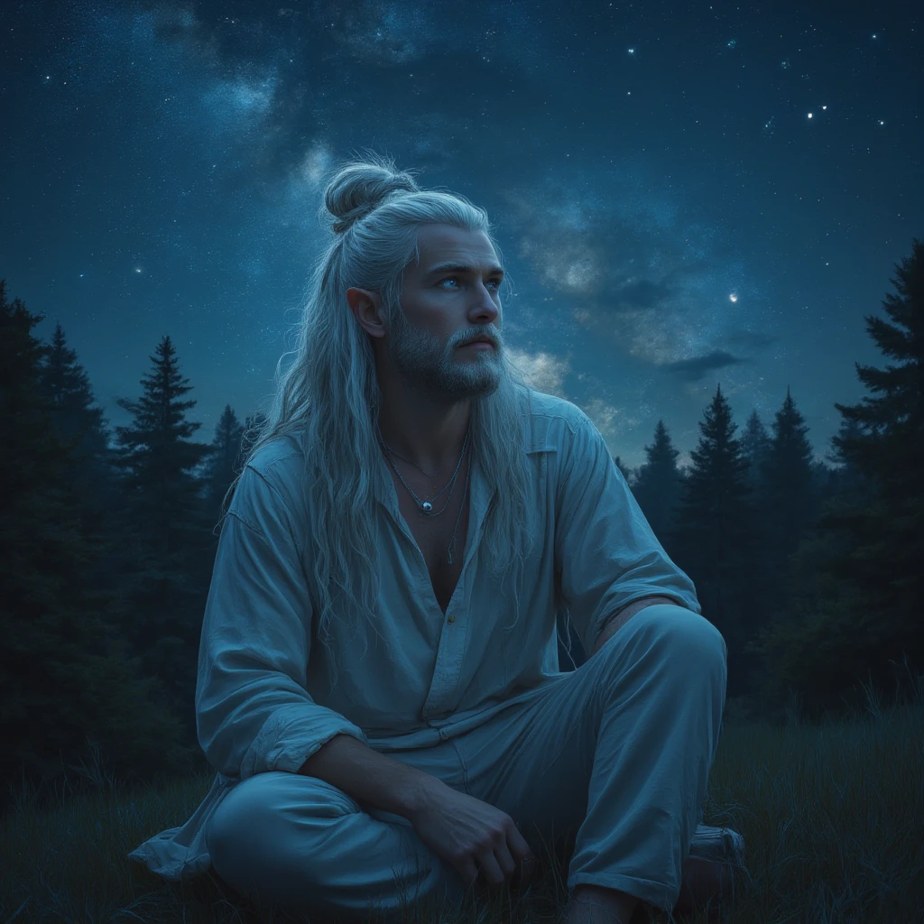 A photograph of a beautiful man with very long white hair, pointed elf ears, and natural blue eyes, no facial hair. His hair is pulled back into a mess manbun. He wears a long-sleeved v-neck shirt and simple pants. He wears a silver necklace. He is sitting on a grassy knoll with a dense forest behind him, he is looking up at a beautiful starry night sky showing the Milky Way, masterpiece, highly-detailed, high-definition, 8k.