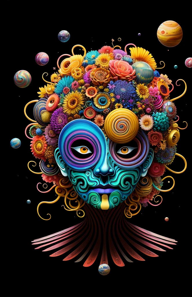 3D mask with various ordinary objects on it,blonde hair with pointed ends,texture, intricate, ornate, shadow, soft colors, 3D, mask, very detailed, decorative style, Tim Burton, Salvador Dali, Xiaolong Cheng, Cyril Rolando, inspired by J. D. Lariat, 3D stereoscopic，pop color style, Photo photo portrait surrounded by orbiting planetary satellites, blonde spiky hair, make me jealous, Mark Leyden, Alberto Seveso, brook shade, Anna Dietman, Flora Borcy, 8k resolution, perfect composition, Milky Way, rainbow colors, flying insects, scales, wing, blue, texture, complicated, Gorgeous, shadow, pastel colors,mask， 3d, Very detailed, Deco, tim burton, Dale Chihuly, Xiaolongcheng, Cyril Rolando, by J. Jitter，flowers，My head is empty，artwork，display stand，sculpture，crafts，artwork，