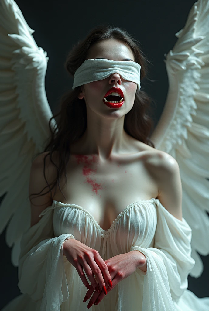 expressive caravaggio painting; half-naked beautiful woman; in a dark gothic ancient laboratory; futuristic; big robotic white metal wings; the women is depressed and shows it with a lot of crying; with tubes connected to her body; realistic; with her in knees in the ground, doll articulations points of the limbs; she crying; depressed head down crying; the laboratory it's in ruins; mistery and secret; a second woman trying to support the first woman; two womens