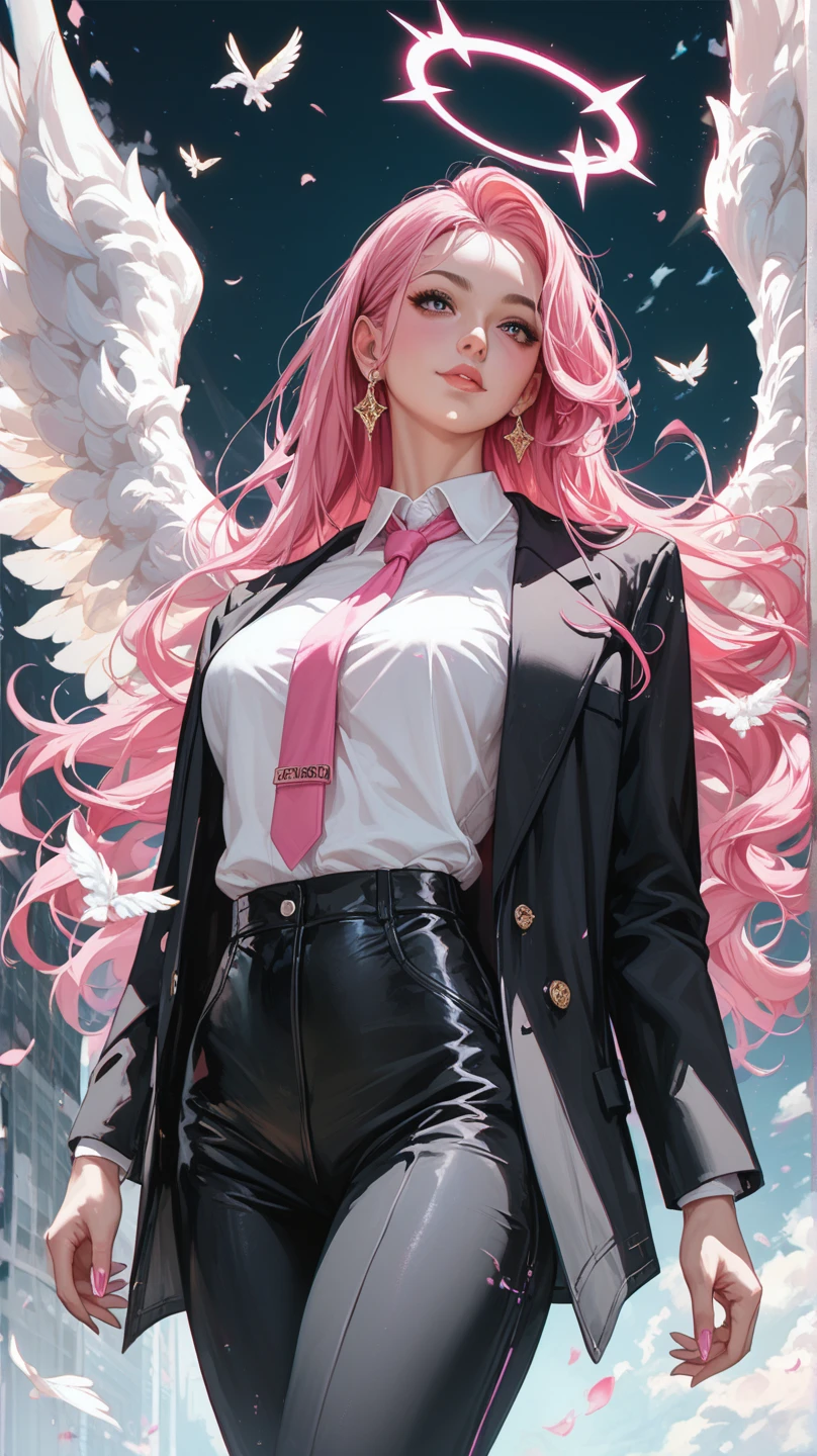 score_9, score_8_up, score_7_up, score_6_up, 1woman, long hair, pink hair, cabelo cobrindo os olhos, (black suit), white shirt, pink tie, black pants, angel wings, halo city