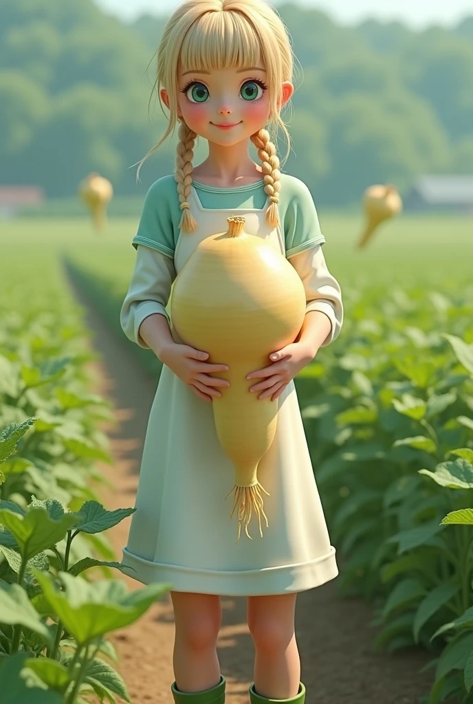 Super realistic illustration, Cinema 4D rendering, 1 lady, solo, blush smile, braided blonde hair, blunt bangs, Azure eyes. white apron with sleeves, green rubber boots, (The Daikon with green leaves, shaped to resemble a lady's groin and thighs, Daikon skin texture), Harvesting daikon in a large field, holding a big Daikon, showing a big Daikon to the camera, Pastoral Idyll