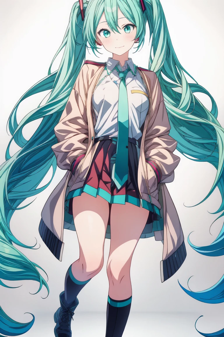 1girl,cute,Perfect hand,(highest quality:1.2,anime artwork,anime Style,studio anime,Very detailed,Latest,Vibrant,anime Coloring,High Contrast,masterpiece:1.2,highest quality,Best aesthetics), hatsune miku,boots,Green Eyes,High resolution,View your viewers,Stand on your own two feet,White coat,(uniform:1.3),Put your hands in your pockets, Anime with long blue hair, white shirt and black skirt, hatsune miku, Portrait of hatsune miku, hatsune miku short hair, vocaloid , hatsune miku portrait, friend, Mikudayo, Turquoise Haired Anime, hatsune miku cosplay, Hatsune Miku's Face, Anime Style 4K, anime, Attractive Anime