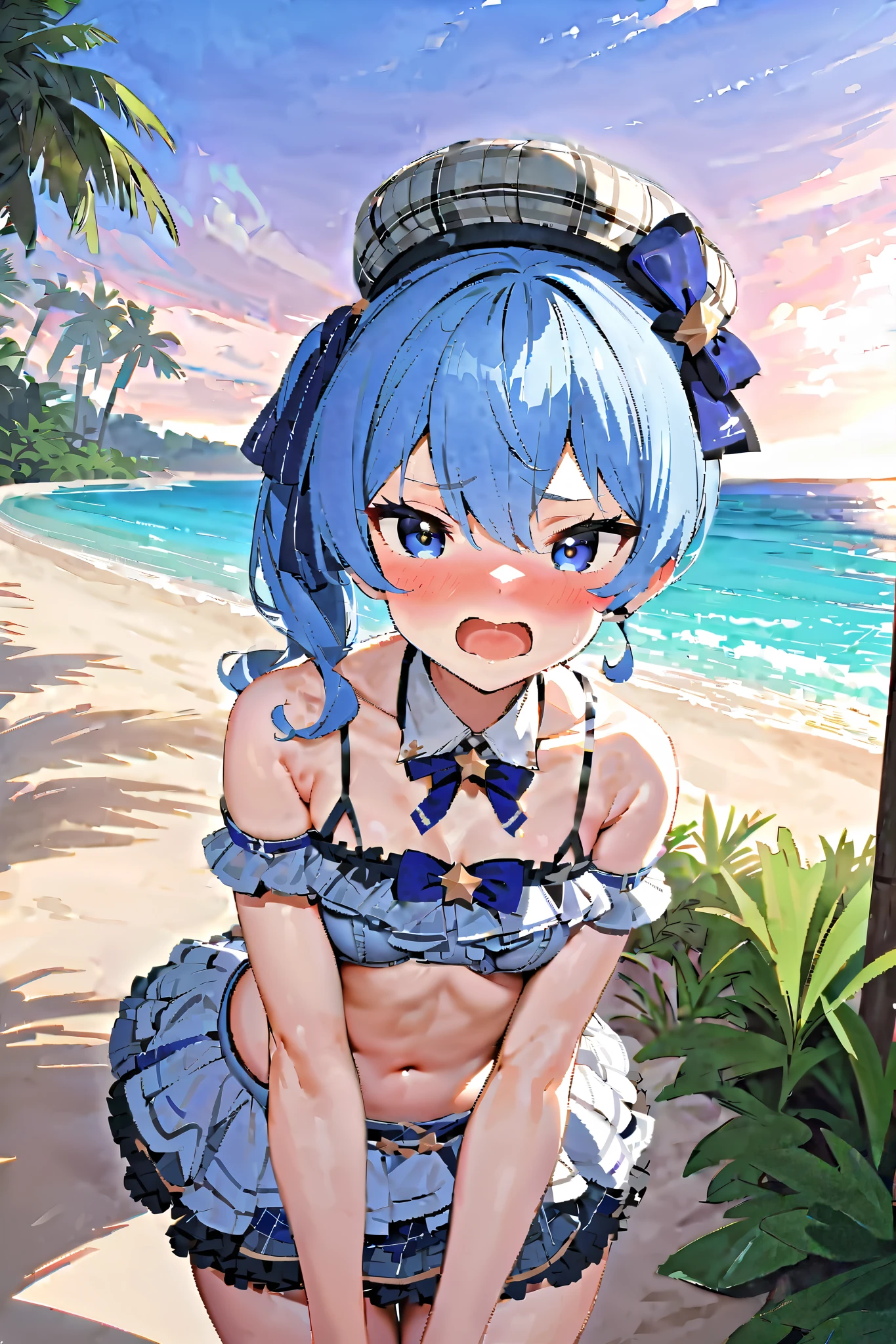 <lora:MegumiTadokoro:1>,high res, masterpiece,Megumi Tadokoro, blue hair, solo,swim suit, bikini, beach, sea, kitchen, 1girl,outside,deatailed background, detailed eyes, ((yellow eyes))