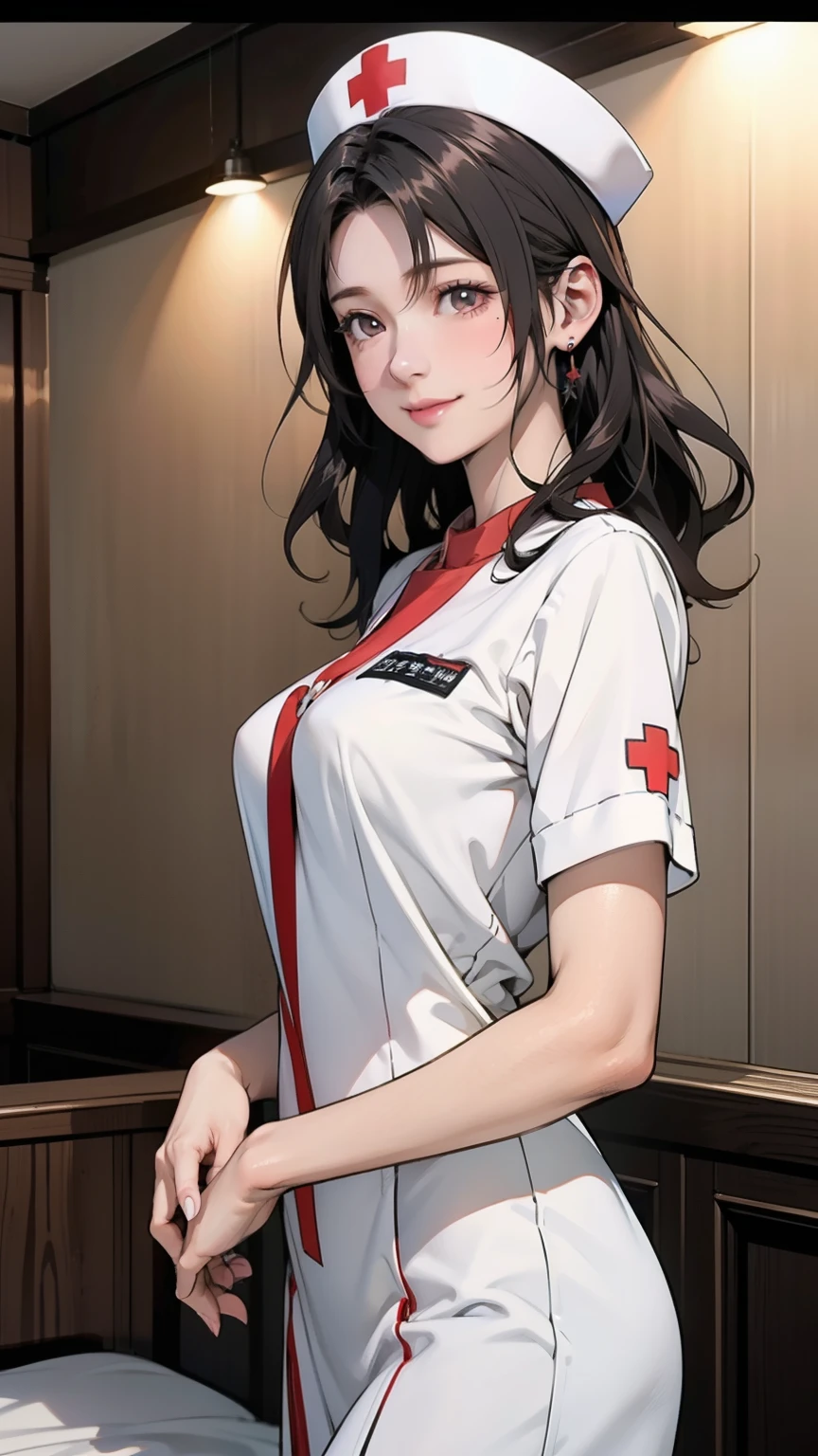 White nurse uniform, White nurse hat, Nurses room background , Sayuri,  anime cell style ,  best quality,  high definition ,  1 girl, very small breasts,  Facial beauty,  black hair,  wavy hair,  short hair ,  dark eyes,  COWBOY SHOOTING , smile,  blanking