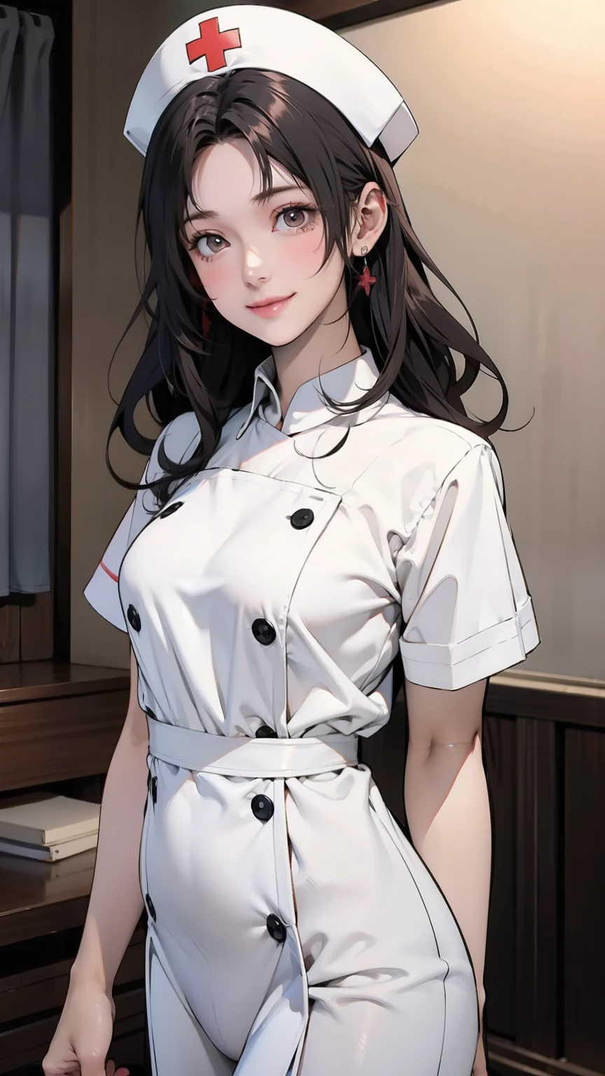 White nurse uniform, White nurse hat, Nurses room background , Sayuri,  anime cell style ,  best quality,  high definition ,  1 girl, very small breasts,  Facial beauty,  black hair,  wavy hair,  short hair ,  dark eyes,  COWBOY SHOOTING , smile,  blanking